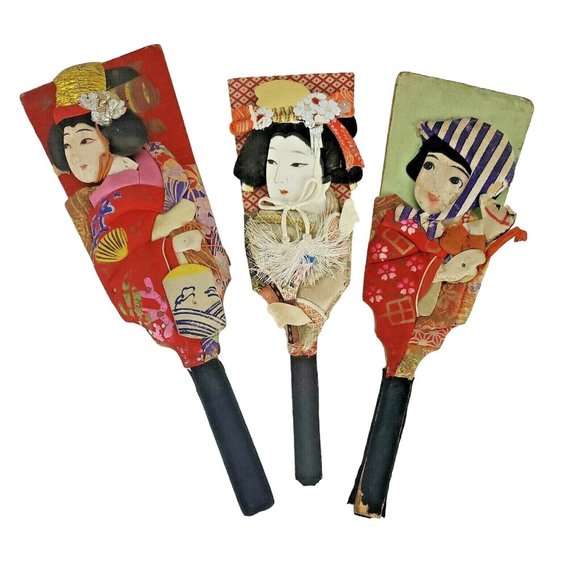 Other - 3 Vintage Hagoita Geisha Japanese Hand Painted Paddle Silk Kimono 3D Signed